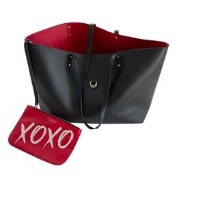 Victoria’s Secret Pebbled Faux Leather Tote & XOXO Pouch Sz L Black Work Gym Y2K